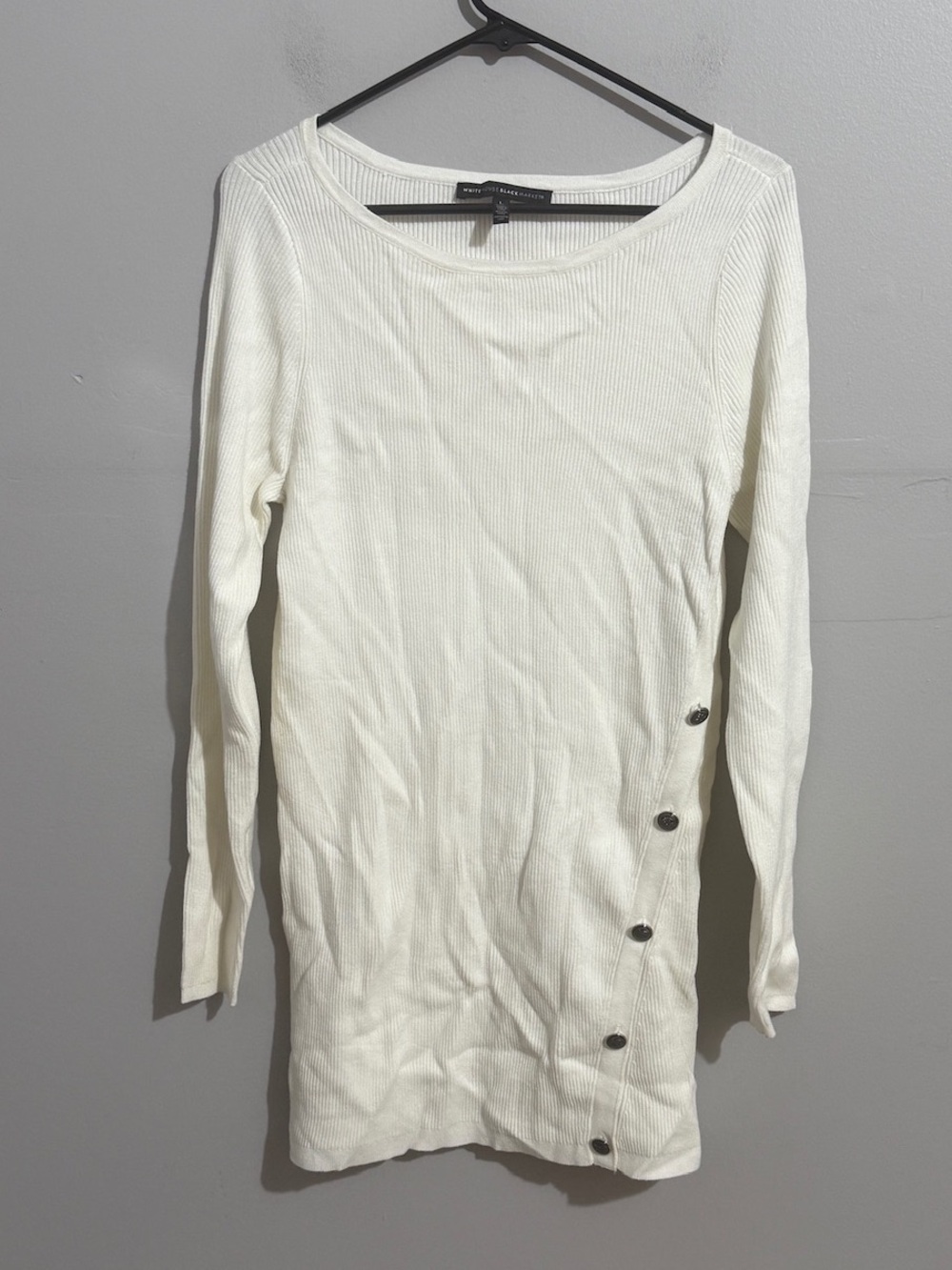 White House Black Market L Ivory Ribbed Knit Mini Sweater Dress Buttons Tunic